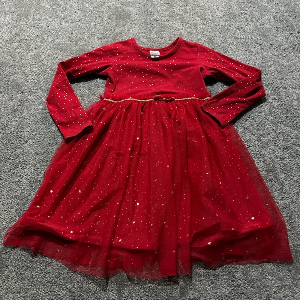 Hanna Anderson girls dress size 6-7 red with gold flakes long sleeves